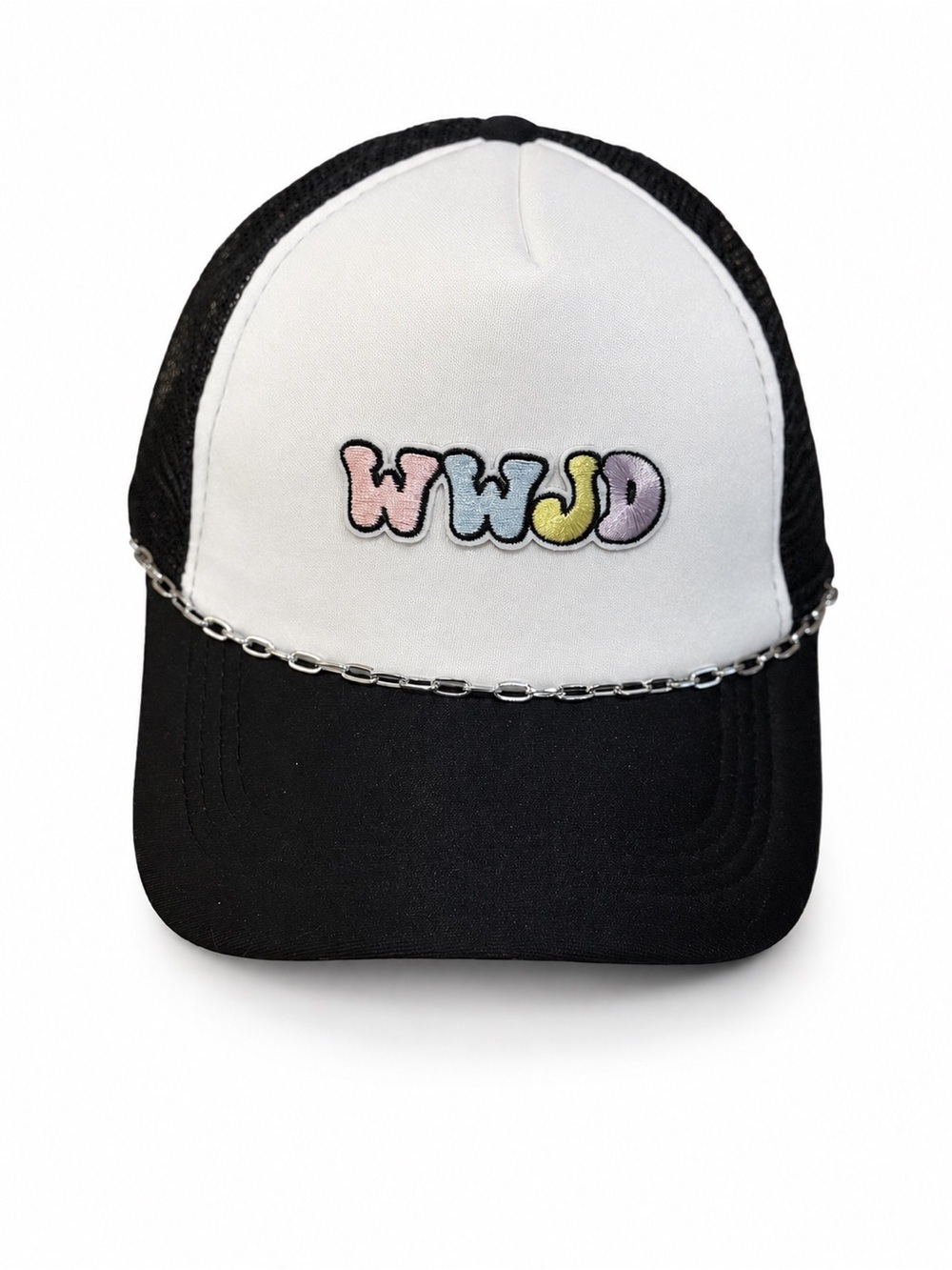 Hand Crafted WWJD Patch Black and White Trucker Hat